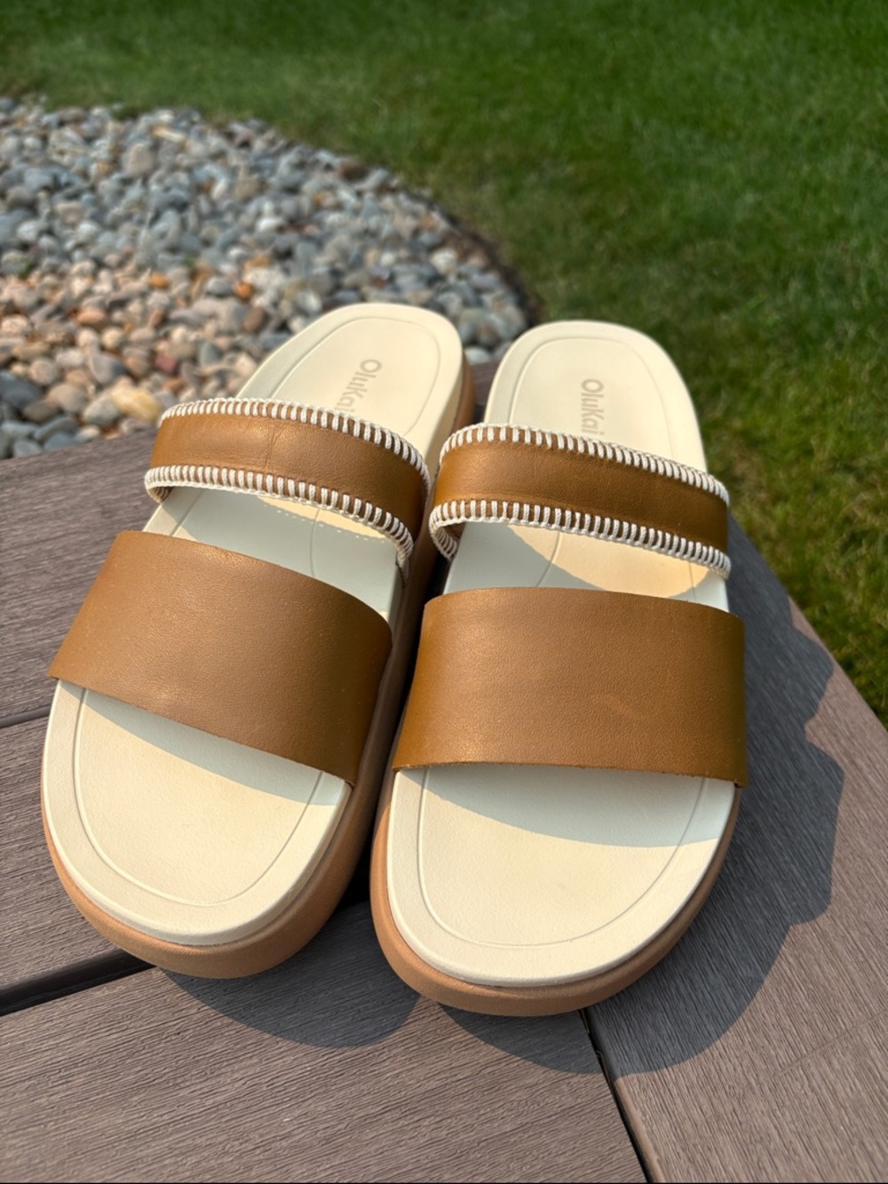 OluKai Pae Tan Double-Strap Slide Sandals with Cream Footbed 9